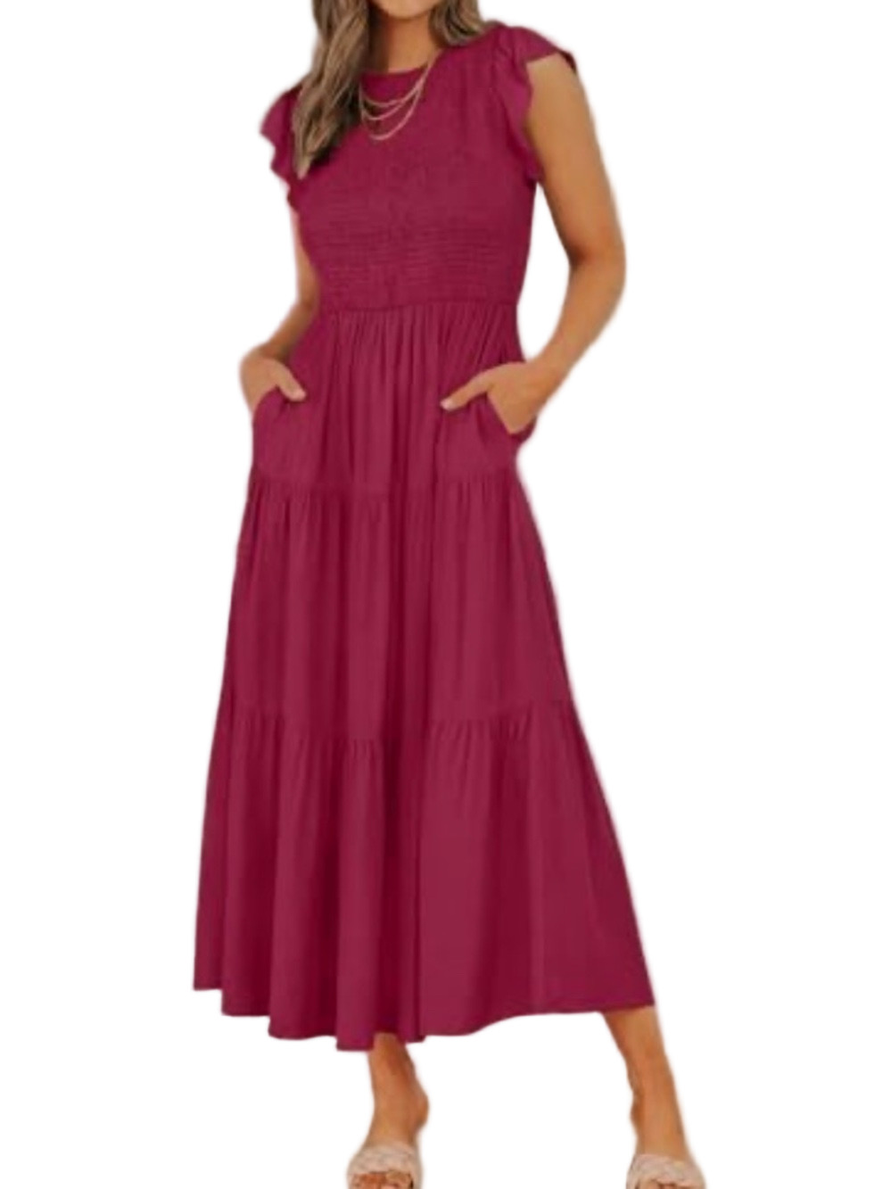 ZESICA Dress Tiered Flutter Sleeve Smocked Bodice Plum Magenta Women Size M NWT